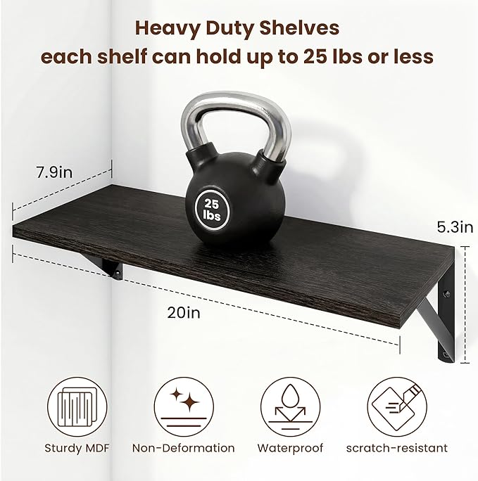 Axeman 20 Inch Floating Shelves | 8 Inch Deep Black Wall Shelves Set of 2 | 20''W x 8''D Black Wood Shelves for Bathroom Living Room Bedroom Kitchen