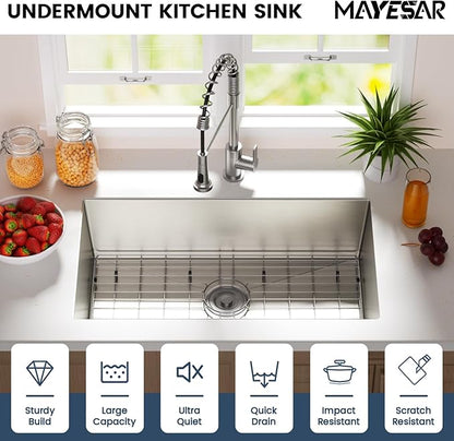 MAYESAR 30 Inch Undermount Kitchen Sink - 30 x 18 Stainless Steel Kitchen Sinks 16 Gauge Single Bowl 9" Deep Handmade Sink with Brushed Finish, Round Corner
