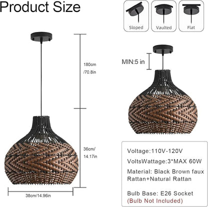 3-Light Rattan Pendant Light,15" Hand-Woven Black Brown Faux Rattan Hanging Light Boho 1-Pack Wicker Basket Chandelier,for Living Room Bedroom Kitchen Dining Farmhouse