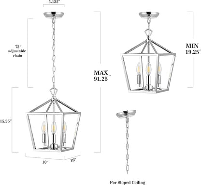 JONATHAN Y 10" Chrome 3-Light Pagoda LED Pendant Lantern, Classic Modern Farmhouse Chandelier for Kitchen Island, Dining Room, Entry, Foyer, Rustic Iron Frame (JYL7601C)