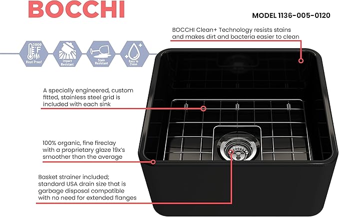 BOCCHI Classico Farmhouse Apron Front Fireclay 20 in. Single Bowl Kitchen Sink with Protective Bottom Grid and Strainer in Black