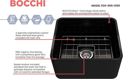 BOCCHI Classico Farmhouse Apron Front Fireclay 20 in. Single Bowl Kitchen Sink with Protective Bottom Grid and Strainer in Black