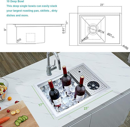 23 Inch Undermount Bar Sink with Glass Rinser & Sapele Cutting Board - 18 Gauge Stainless Steel Workstation Sink for Kitchen, RV, Wet Bar (23x17x9 Inch)