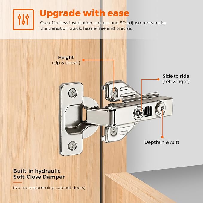 JOY DECOR Full Overlay 20 Packs (10 Pairs) Concealed Kitchen Cabinet Hinges 105 Degree Soft Close Adjustable Cabinet Door Hinges for Face Frame Cabinet