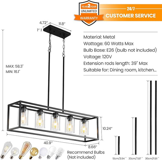 Black 5-Light Dining Room Light Fixture, Modern Farmhouse Chandeliers, Linear Rectangular Kitchen Island Lighting, Industrial Vintage Pendant Lighting with Clear Glass Shade Height Adjustable