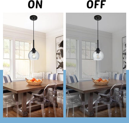 3 Pack Dining Room Light Fixtures Hanging with Clear Striped Swirl Globe Glass, Stylish Kitchen Island Hanging Pendant Light Black for Bar Hallway Bedroom, 1-Light