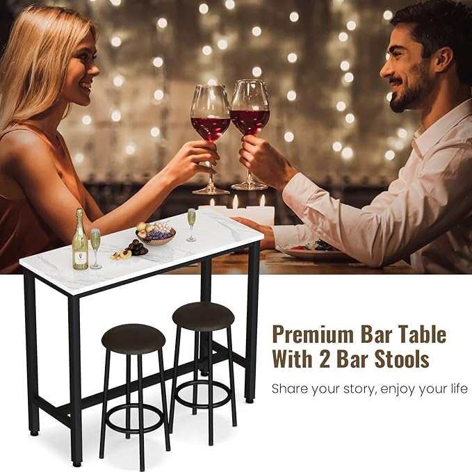 AWQM 47.2" Bar Table Set of 2,Faux Marble Pub Height Table and Chairs Set of 2 with Upholstered Stools,3 Piece Bar Table and Chairs Set Dining Table Set for Living Room,Kitchen,Bar,White & Brown