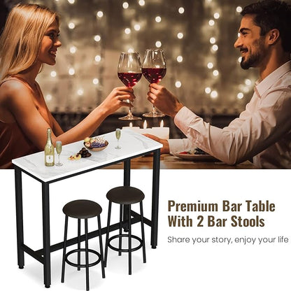 AWQM 47.2" Bar Table Set of 2,Faux Marble Pub Height Table and Chairs Set of 2 with Upholstered Stools,3 Piece Bar Table and Chairs Set Dining Table Set for Living Room,Kitchen,Bar,White & Brown