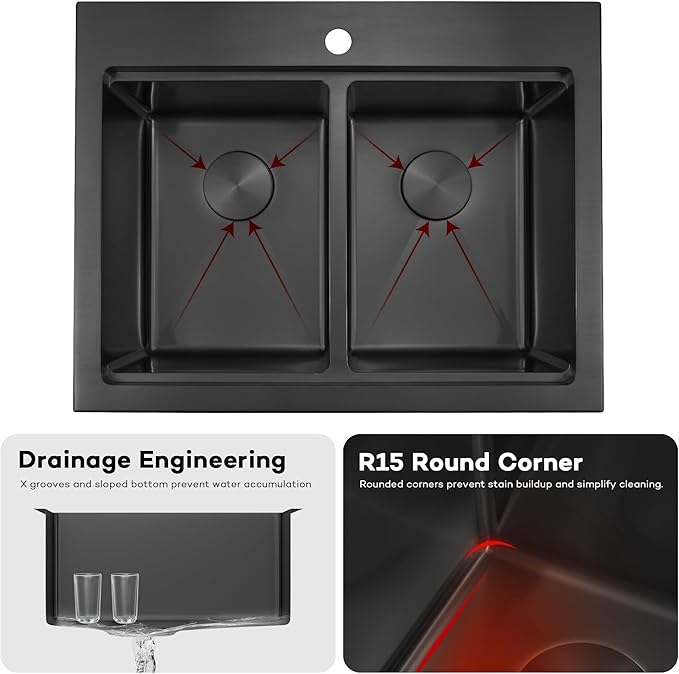 MILOSEN 26 Inch Black Double Bowl Kitchen Sink, Black Drop in 16 Gauge T304 Stainless Steel Sinks, Workstation Sink 50/50 Topmount Double Basin with Accessories, 10'' Deep Laundry Outdoor Sinks