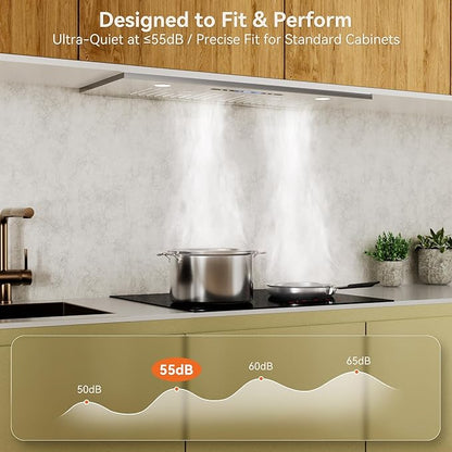 Hermitlux 30 inch Built-in/Insert Range Hood, 600 CFM Stainless Steel Vent Hood with 3 Speed Gesture Sensing & Touch Control Panel, Ducted/Ductless Convertible, LED Light and Charcoal Filters