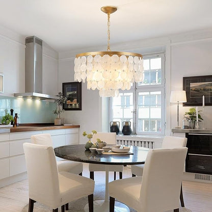 Shell Chandelier, White and Gold Chandelier Light Fixture with 4 Lights Capiz Seashell Pendant for Foyer,Kitchen Island,Entryway,Dining Room (18" Coastal Chandeliers)