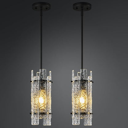 Modern Crystal Pendant Lighting Black Pendant Lights Mini Glass Chandeliers, Adjustable Pendant Light Fixture for Kitchen Island Bedroom Living Room Dining Room Corridor(2Pack)