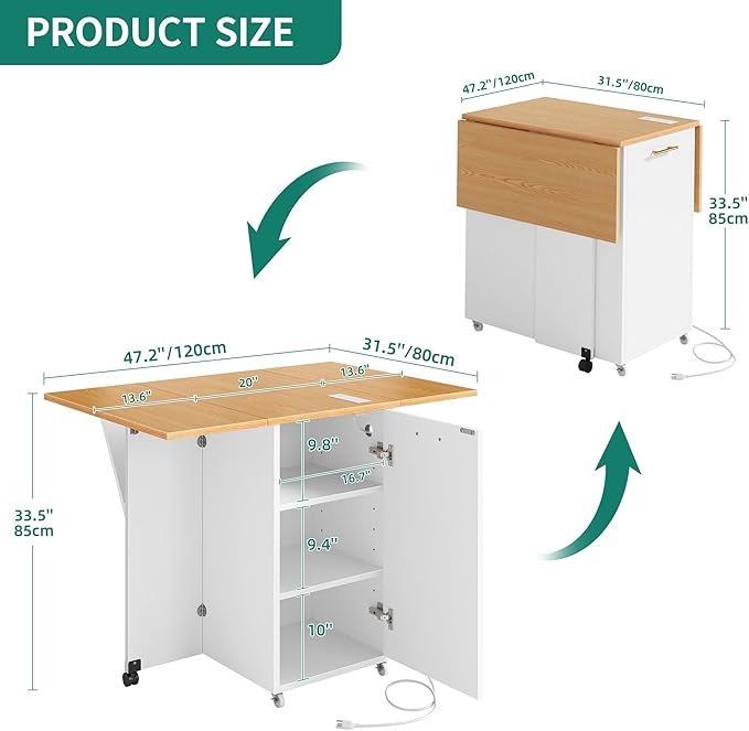 YITAHOME Folding Kitchen Table with Power Outlet, Drop Leaf Kitchen Table Islands for 2 on Wheels, Convertible Trash Can Storage Cabinet for 10 Gallon Garbage Bin, Adjustable Storage Racks, Wihte Oak