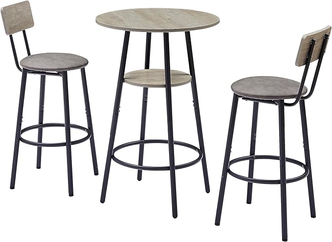 Gray Round Bar Stool Set with Shelf, Counter Height Stools for Kitchen Island, Breakfast Bar, Home Decor, Kitchen Island Stools with Table, Kitchen Table for Small Spaces, Breakfast Nook Dining Tables