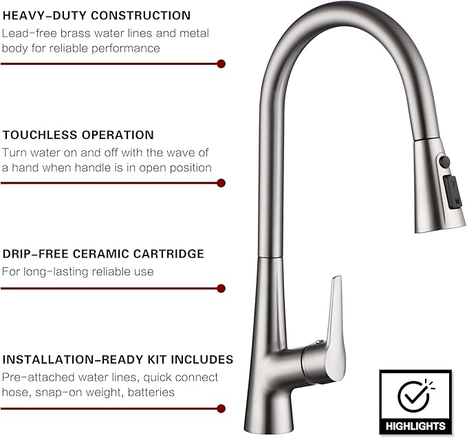 sumerain Motion Sensor Activated Kitchen Sink Faucet with Pull Down Sprayer, Brushed Nickel Touchless Kitchen Faucet Smart Hands Free