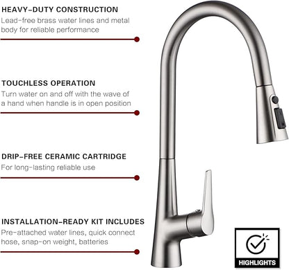 sumerain Motion Sensor Activated Kitchen Sink Faucet with Pull Down Sprayer, Brushed Nickel Touchless Kitchen Faucet Smart Hands Free