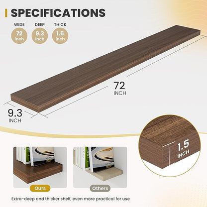 Acovy 72 Inch Floating Shelves, 9.3" Deep Floating Shelf Wall Mounted, 72" Wall Shelves, Rustic Deep Bookshelf, Large Display Shelves & Storage Shelves for Bedroom, Living Room, Walnut, Set of 2