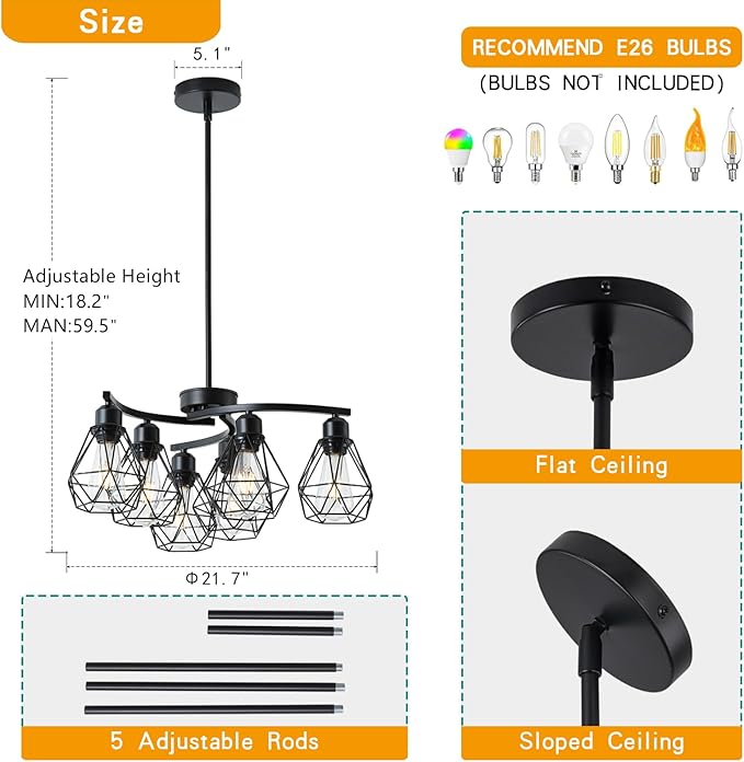 6-Light Black Chandelier,Farmhouse Chandeliers for Dining Room Light Fixtures Over Table,21.7" Industrial Hanging Pendant Lighting with Metal Cage Shade for Kitchen Island Entryway Foyer Bedroom