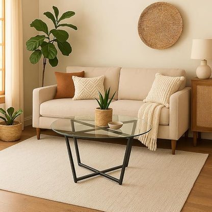 Mango Steam Round Metro Glass Coffee Table for Living Room & Dining Room - Clear Top/Black Base