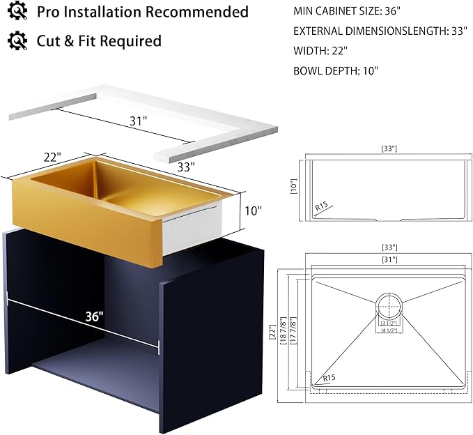 33-Inch Farmhouse Kitchen Sink, 16 Gauge Stainless Steel Farm Sink, Undermount Single Bowl, Brushed Finish, Deep Basin, Workstation Design with Accessories (Gold, 33" x 22" x 10")