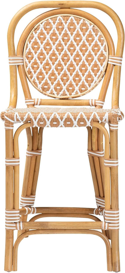 Bali & pari Mattie Rattan Bistro Counter Stool - Handwoven Accent Seating with Backrest for Kitchen Island or Indoor/Outdoor Lounge, Honey Natural & White
