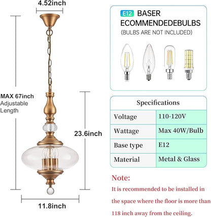 Vintage Kitchen Island Pendant Light Antique Brushed Brass Glass Chandelier for Living Room Dining Room Bedroom, W 11.8 in. H 23.6 in.