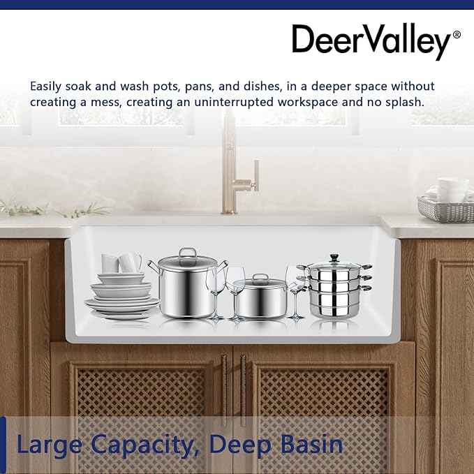 DeerValley Farmhouse Kitchen Sink 30 Inch, Fireclay White Apron Front Farm Sink, Single Bowl Deep Drop-in Undermount Reversible Sink with Grid & Strainer