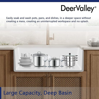 DeerValley Farmhouse Kitchen Sink 30 Inch, Fireclay White Apron Front Farm Sink, Single Bowl Deep Drop-in Undermount Reversible Sink with Grid & Strainer