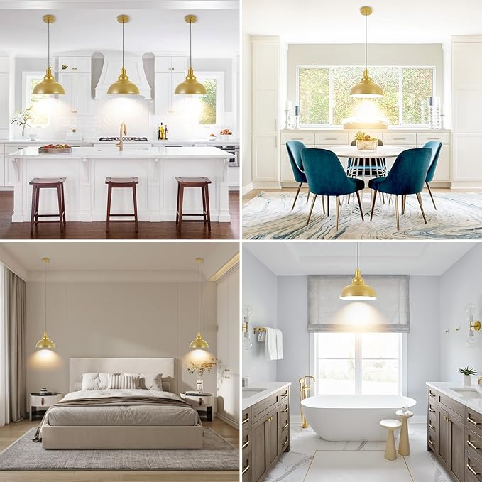 Battery Operated Pendant Lights, 2 Pack Rechargeable Pendant Light with Remote, Gold Pendant Light Fixtures for Kitchen island, Modern Industrial hanging Lights for Dining Room Hallway Bedroom