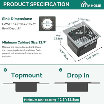 YITAHOME Black Drop In Kitchen Small Sink 15in Topmount Stainless Steel Nano Gunmetal Black Sink w/Protector Accessories, Single Bowl for Workstation, Bar 15 x 15 x 10 Inch