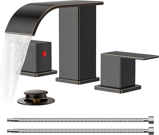 FORIOUS Oil Rubbed Bronze Bathroom Faucets 3 Hole, Waterfall Square 8 Inch Widespread Bathroom Sink Faucet with Metal Pop-up Drain and Supply Lines, Two Handles for Vanity, RV, Farmhouse