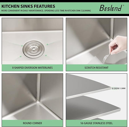 33 Inch Waterfall Kitchen Sink - Beslend 33x19 Drop In Waterfall Sink Workstation Smart Sinks 16 Gauge Stainless Steel Single Bowl Single Dish Basin with Faucet Combo