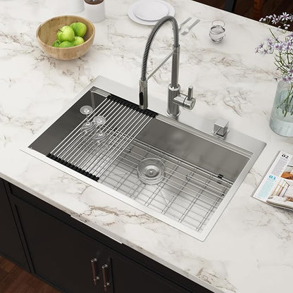 33x22 Drop In Kitchen Sink Workstation - Couoko 33 Inch 16 Gauge T304 Stainless Steel Drop In Sink Large Deep Handmade Single Bowl Kitchen Sinks with Accessories, 33"x22"x9"
