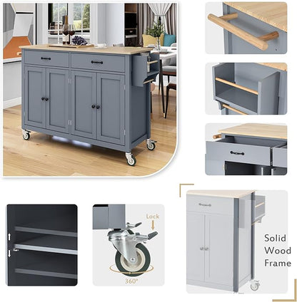 Favfurish Kitchen Island Cart on Locking Wheels with 4 Cabinet and 2 Drawers, Rolling Coffee Bar Trolley w/Solid Wood Tabletop, Adjustable Shelves, Spice & Towel Side Rack, for Dining Room, Gray
