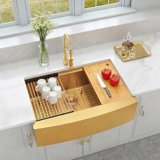 Gold Farmhouse Kitchen Sink, 16 Gauge SUS304 Stainless Steel Farm Sinks, All In One Workstation Sink with Ledge & Accessories, 33" x 20" x 10" Large and Deep Gold Undermount Kitchen Sink