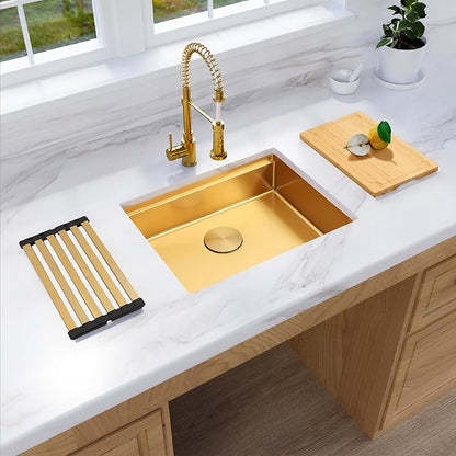 Gold Kitchen Sink Undermount 23 Inch,16 Guage Stainless Steel Workstation Sinks with Ledge & Accessories, 23" x 18" x 6" ADA-Compliant Single Bowl Small Kitchen Sink, 6 Inch Deep Gold Sink