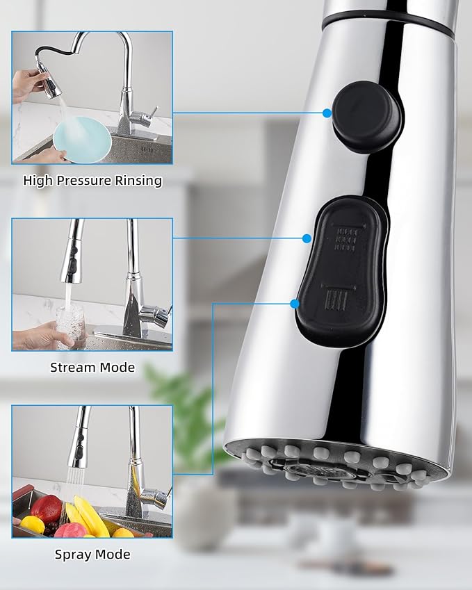 Hibbent Stainless Steel Pull Down Spray Head Replacement with 15 Adapters, NSF/ANSI/CAN 61 & CUPC Certified 3-Function Kitchen Faucet Nozzle, Compatible with Moen, Delta, Kohler Faucet, Chrome
