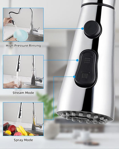 Hibbent Stainless Steel Pull Down Spray Head Replacement with 15 Adapters, NSF/ANSI/CAN 61 & CUPC Certified 3-Function Kitchen Faucet Nozzle, Compatible with Moen, Delta, Kohler Faucet, Chrome