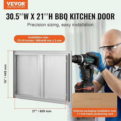 VEVOR BBQ Access Door, 30.5W x 21H Inch Double Outdoor Kitchen, Stainless Steel Flush Mount, Wall Vertical with Recessed Handles, for BBQ Island, Grilling Station, Outside Cabinet