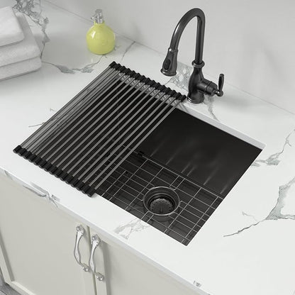 Sarlai Black Undermount Laundry Sink 24 Inch - 13 Inch Deep Undermount Laundry Utility Gunmetal Black Sink Single Bowl Kitchen Sinks 16 Gauge Stainless Steel Laundry Tub Sinks Basin 24"x19"x13"