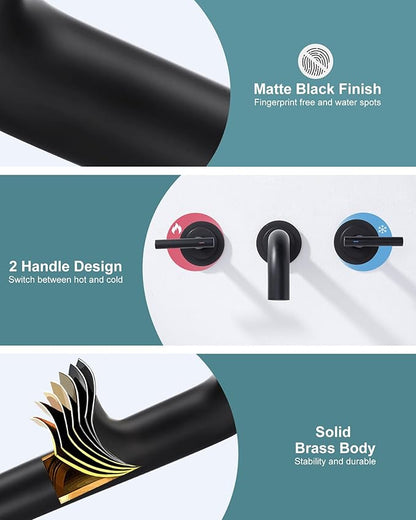 WOWOW Wall Mount Tub Filler: Matte Black Tub Faucet High Flow Two Handles Solid Brass, Long Spout Reach, Bathroom Bathtub Faucets with 2 Handles Tub Faucet with Brass Rough in Valve Included