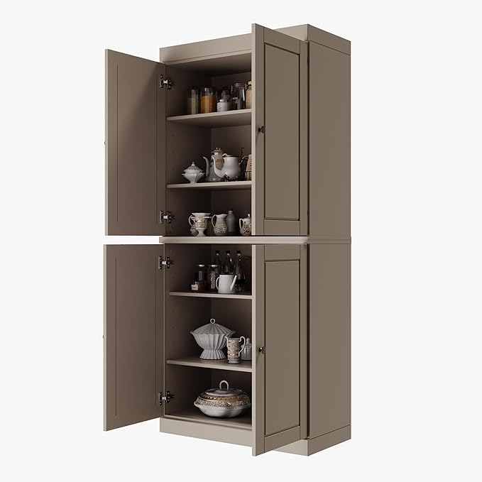 Palace Imports Solid Wood Kitchen Pantry Cabinet - 71.5" Tall x 32" Wide - Wooden Storage Cabinet with 4 Doors & Adjustable Shelves, Beige, 100% Renewable Eco-Friendly Wood, Made in Brazil