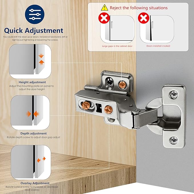 Ravinte 4 Pack 2 Pairs European Kitchen Cabinet Hinges Soft Close Insert Cabinet Door Hinges Heavy-Duty Frameless Adjustable Concealed Cabinet Cup Hinge