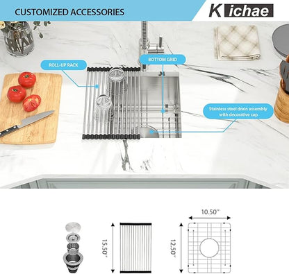 Kichae 13"x 15" Undermount Bar Sink Stainless Steel Single Bowl RV Outdoor Sink Basin Round Corner 16 Gauge Handmade