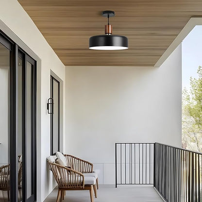 Industrial Pendant Light, Rubber Wood Dome Hanging Lamp with 15.8" Hammered Metal Shade, Black Modern Light Fixtures for Kitchen Island, Living Room,Restaurant,Farmhouse Dining Room, Bedroom, Hallway
