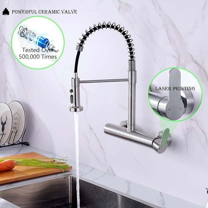 Wall Mount Faucet 8 Inches Center, with Pull Down Sprayer, High Arc Single Handle Spring Kitchen Sink Faucets, Grifos De Cocina, Brushed Nickel