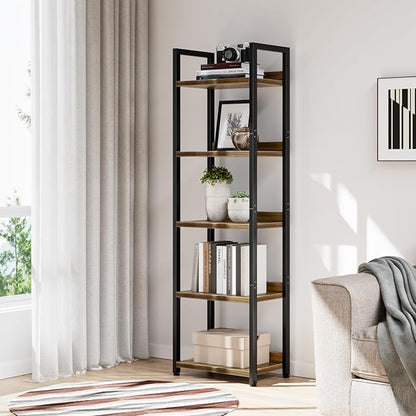 NUMENN Narrow Bookshelf, 5 Tier Bookshelves, Home Office Bookcase Shelf Storage Organizer, Free Standing Storage Shelving Unit for Bedroom, Living Room and Home Office, Dark Walnut