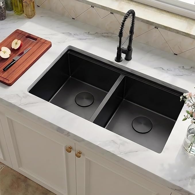 Black Undermount Kitchen Sink 30 x 18 Inch, 50/50 Double Bowl Kitchen Sinks, 16 Gauge Stainless Steel Workstation Sink with Ledge & Accessories, 30" x 18"x 10" Large and Deep Double Sink