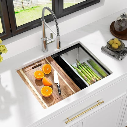 Kichae 25 Undermount Kitchen Sink - 25"x19" Kitchen Sink Ledge Workstation Stainless Steel Single Bowl Under Counter All In One Deep Basin Round Corner