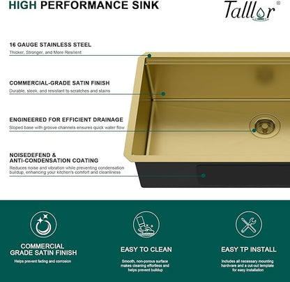 32 Gold Undermount Kitchen Sink - Workstation All-In One 32x19 Gold 16 Gauge Stainless Steel Under Counter Single Bowl Sink for Kitchen with Mixing Board and Pasta Strainer #TLU-0049